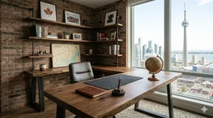 High-quality industrial desk Canada design with a rustic oak finish and sturdy metal frame for a professional workspace.