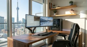 Close-up of a corner desk for dual monitor setup featuring built-in cable management for a clean Canadian workspace.