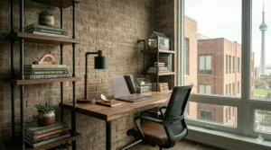 Spacious L-shaped industrial corner desk in a contemporary Canadian office setting, optimized for dual-monitor configurations and productivity.