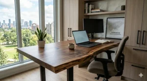 Diagram showing a compact live edge wood desk fitting perfectly into a Toronto condo office space.
