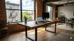 Live edge wood desk with industrial black steel legs, a popular choice for Montreal loft-style interiors.