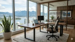 A professional executive office setup featuring a premium live edge wood desk for a warm, natural workspace.