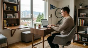 Compact mid century modern desk ideal for small Toronto apartments and urban living.