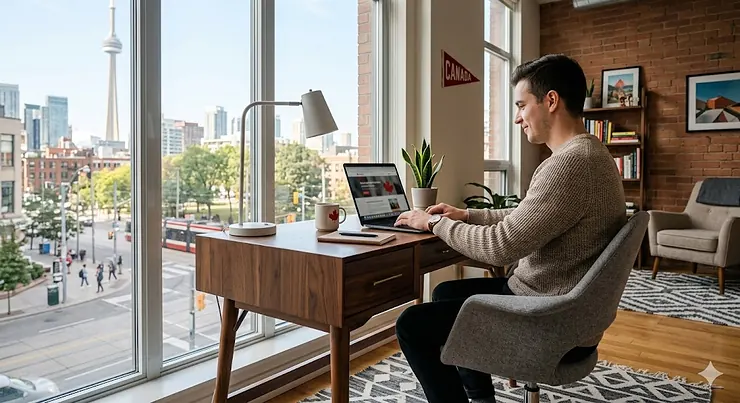 Affordable mid century modern desk in a minimalist Canadian home office with walnut finish and tapered legs. mid century modern desk Canada affordable
