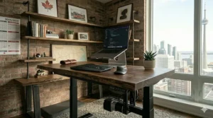 Sleek industrial desk inspired by Montreal loft aesthetics, featuring clean lines and a minimalist metal silhouette for modern interiors.