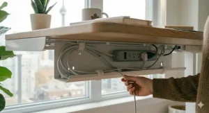 Illustration of the clean cable management system on a Scandinavian standing desk for a clutter-free workspace.