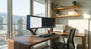 Minimalist white corner desk for dual monitor setup with sleek aesthetic suitable for Montreal creative studios.