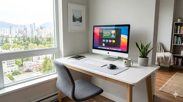 High-quality minimalist white desk styled in a bright Canadian home office with natural lighting and professional decor.