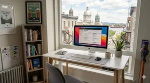 Ergonomic minimalist white standing desk shown at full height, promoting wellness in a contemporary Canadian office setting.