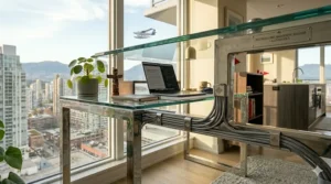 Functional modern glass desk for home office with integrated cable management to keep Canadian tech setups tidy.