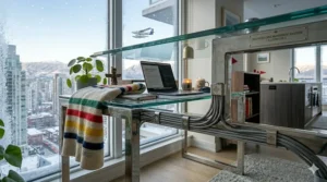 A modern glass desk for home office styled with a warm wool throw and a cup of coffee, capturing the cozy Canadian winter vibe.