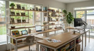 Alt text for image 5: A large, multi-functional modular desk system in a suburban Canadian family home, set up for both professional work and creative hobbies.