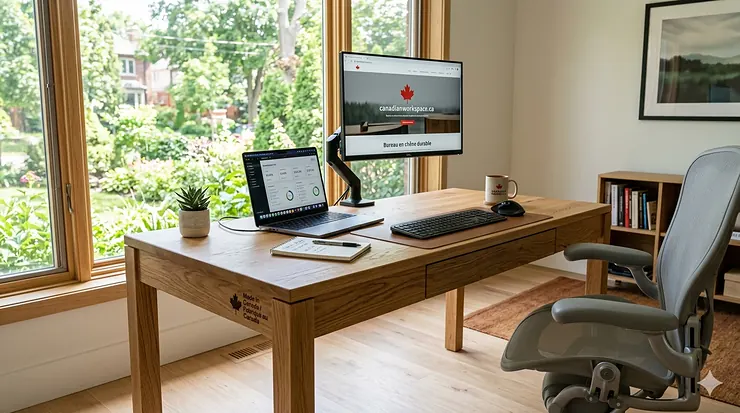 A solid light oak computer desk styled in a minimalist Toronto condo home office with a view of the city skyline.