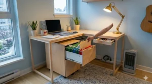 Minimalist small L-shaped desk with a light wood finish, popular in Canadian interior design.