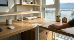 Alt text for image 3: A modular L-shaped desk configuration positioned by a window overlooking a scenic Vancouver waterfront and mountain landscape.