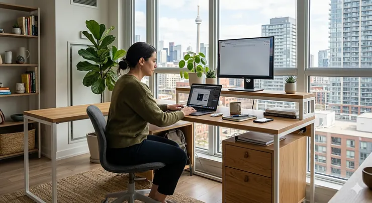 Alt text for image 1: A high-detail, photorealistic featured image of a modular desk system in a bright Toronto condo with floor-to-ceiling windows and a view of the CN Tower.
