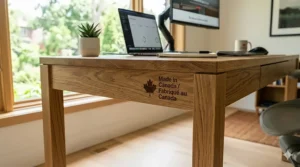 A handcrafted oak computer desk featuring a "Made in Canada / Fabriqué au Canada" wood-stamped logo.