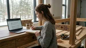 A student working at an oak computer desk with a laptop and coffee, reflecting a productive Ottawa home office vibe.