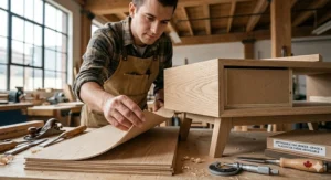 Close-up illustration of durable oak wood grain on an affordable mid century desk.