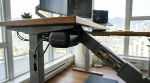 Close-up illustration of a quiet dual-motor system for an electric corner standing desk, ideal for shared Canadian living spaces. | Moteur silencieux pour bureau debout électrique.