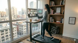 A quiet-motor treadmill desk combo suitable for taking video calls without background noise.
