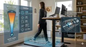 Decibel chart highlighting the whisper-quiet motor of a walking pad for standing desk suitable for shared Canadian living spaces.