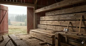 Illustration showing the heritage of a reclaimed wood desk handmade in Canada using timber sourced from historic Canadian barns.