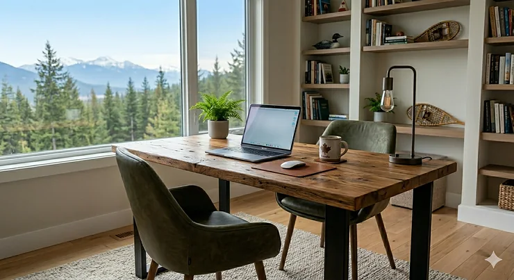 A premium reclaimed wood desk handmade in Canada, featuring natural grain and industrial steel legs in a modern home office with a forest view. (Bureau en bois de récupération fait main au Canada). reclaimed wood desk Canada handmade