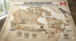 Blueprint showing custom size options for a reclaimed wood desk handmade in Canada. (Dimensions personnalisables pour bureau en bois de récupération).