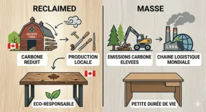 Detailed illustration of the unique wood grain and historical character marks on a reclaimed wood desk handmade in Canada.