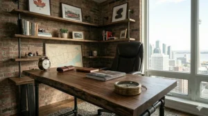 Handcrafted industrial desk featuring Canadian reclaimed wood and raw steel accents, highlighting local craftsmanship and sustainable materials.