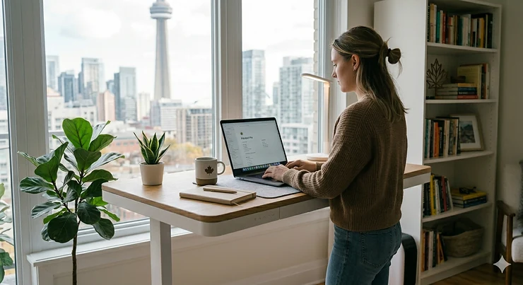 A minimalist Scandinavian standing desk in a bright Canadian home office featuring ergonomic wooden design and a laptop.