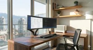 Adjustable height corner desk for dual monitor setup to improve ergonomics and productivity for Canadian remote workers.