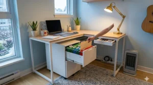 Close-up illustration of a small L-shaped desk with built-in drawers for home office organization.