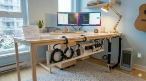 Diagram showing dimensions of a small L-shaped desk for compact Canadian living spaces.