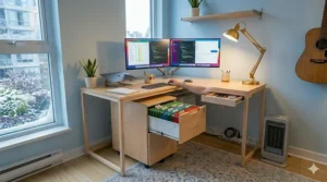A small L-shaped desk for home office use supporting a dual monitor setup.