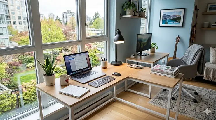 A compact, modern small L-shaped desk for a home office in a Canadian urban apartment.