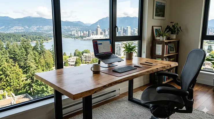 A minimalist solid wood desk made of Canadian maple in a bright home office setting, showcasing natural grain and craftsmanship.