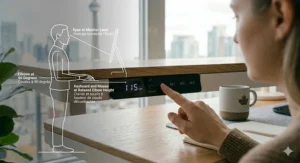 A side-profile illustration showing correct ergonomic posture while using a Scandinavian standing desk at full height.