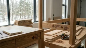 An eco-friendly oak computer desk crafted from sustainably sourced Canadian timber in a rustic setting.