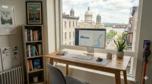 Durable and sustainable minimalist white desk made from eco-friendly materials for the environmentally conscious Canadian consumer.