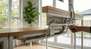 Alt text for image 8: Close-up study of an integrated cable management system on a modular desk, showcasing organized braided cables and bilingual "Fabriqué au Canada" labels.