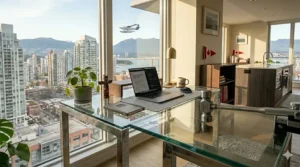 Close-up illustration showing the reinforced edges of a modern glass desk for home office, emphasizing safety standards for Canadian families.