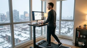 A Canadian remote worker staying active indoors during winter using a treadmill desk combo.