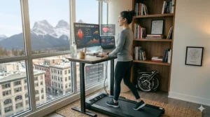 Graphic highlighting heart health and calorie burning benefits of a treadmill desk combo for Canadians.