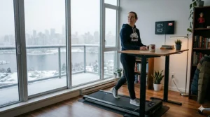 Staying active indoors with an affordable under desk treadmill during a cold Canadian winter.
