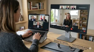Canadian professional taking a virtual meeting on a video call while using a walking pad for standing desk to stay active.