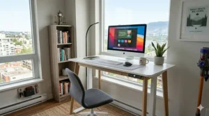 Space-saving minimalist white desk ideal for urban living and small apartments in cities like Vancouver or Toronto.