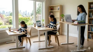 Diagram showing how a height adjustable desk for a growing child adapts from primary school to teenage years.