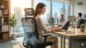 User adjusting lumbar support on a mesh back chair suitable for warm office temperatures; support lombaire réglable sur chaise de bureau en maille.